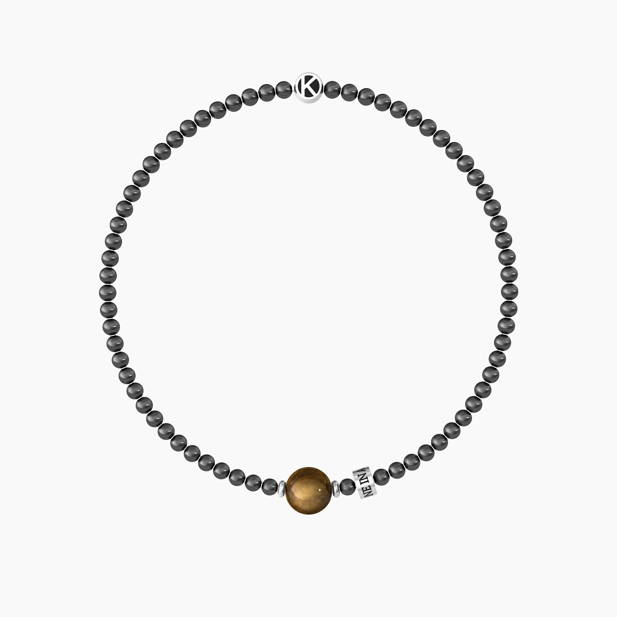 Bracciale elastico uomo con sfere in pvd gunmetal e occhio di tigre "One in a million" - Gioielleria Fondente
