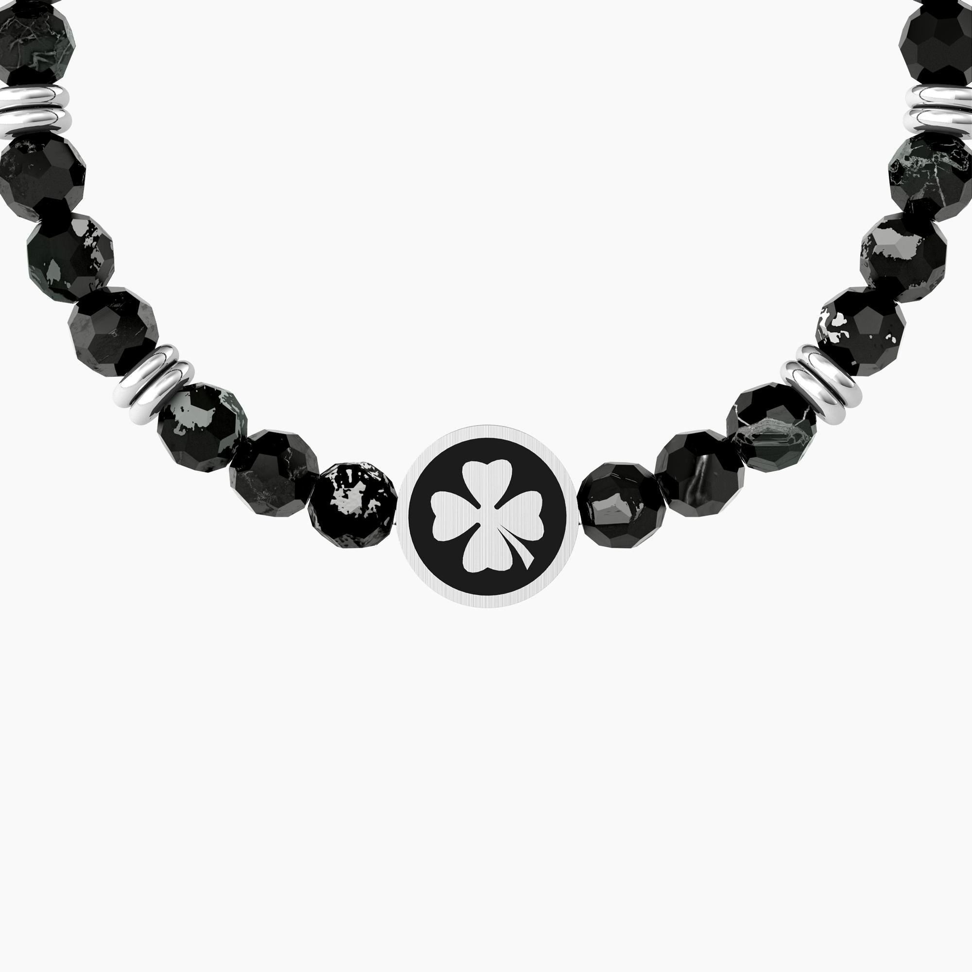 Bracciale elastico uomo con agata nera e quadrifoglio "Quadrifoglio | good luck" - Gioielleria Fondente