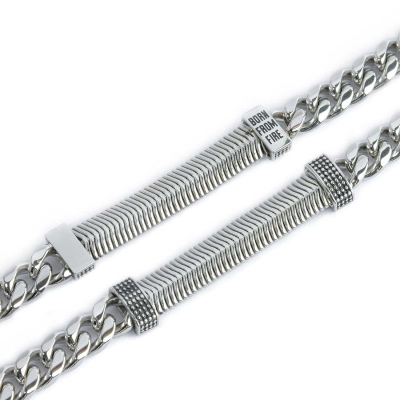 Bracciale catena cuban e catena snake piatta centrale con trama puntinata