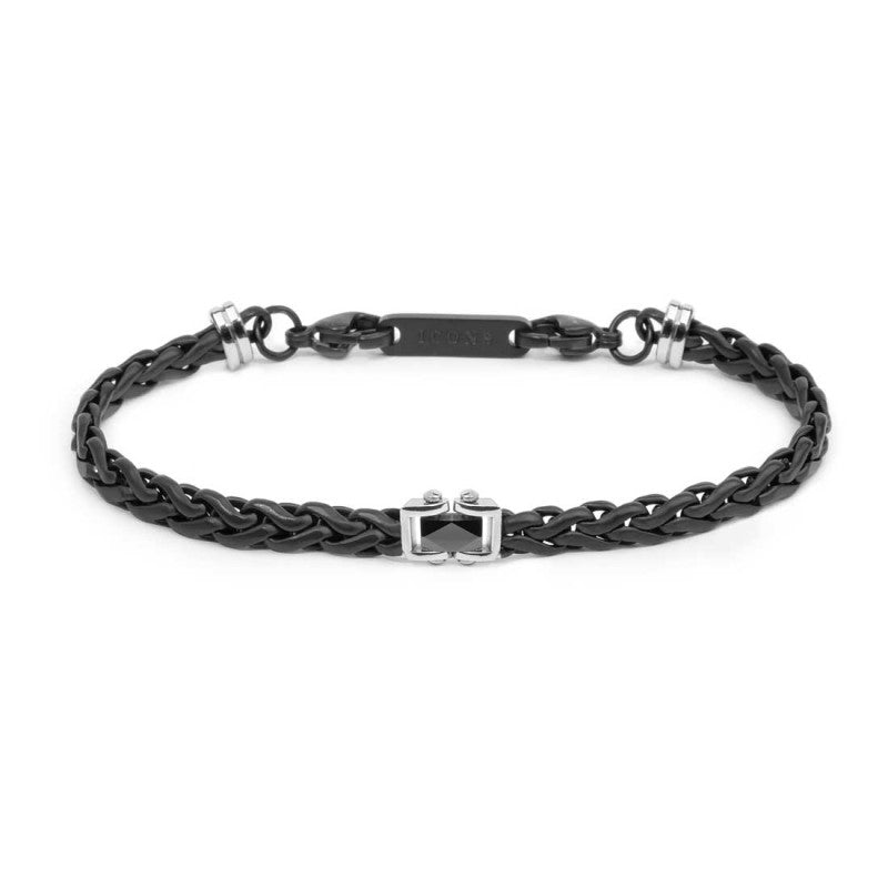 Bracciale catena sonaglio piatta con elemento centrale in ceramica sfaccettata nera lucida