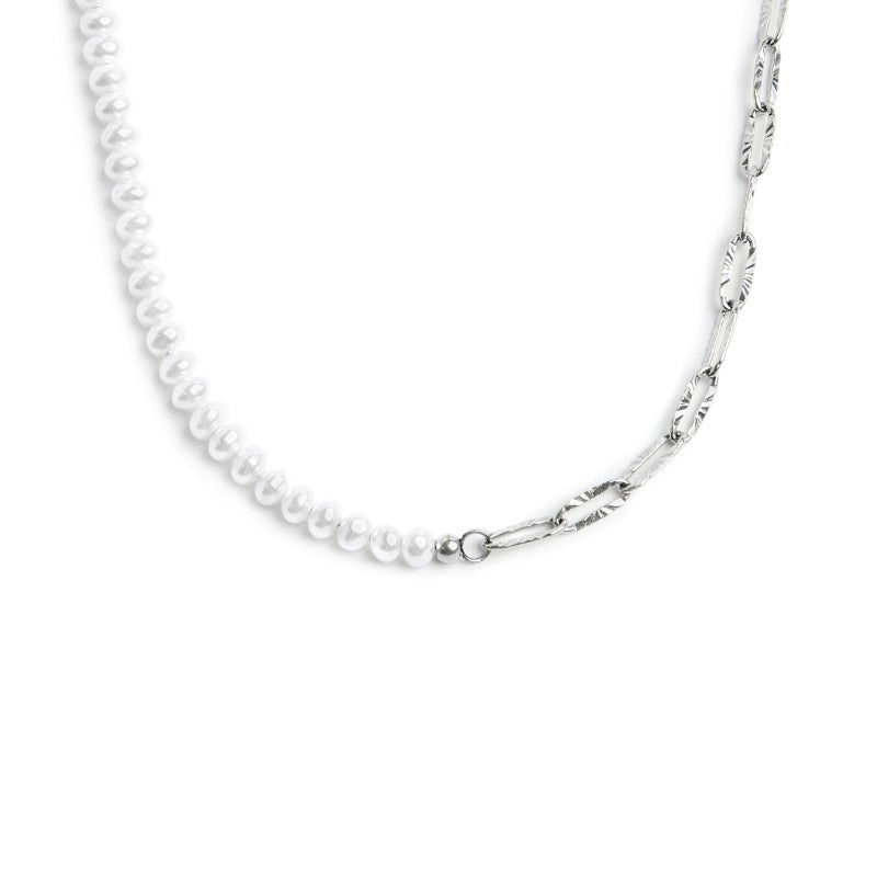 Collana catena figaro e catena con perle bianche irregolari