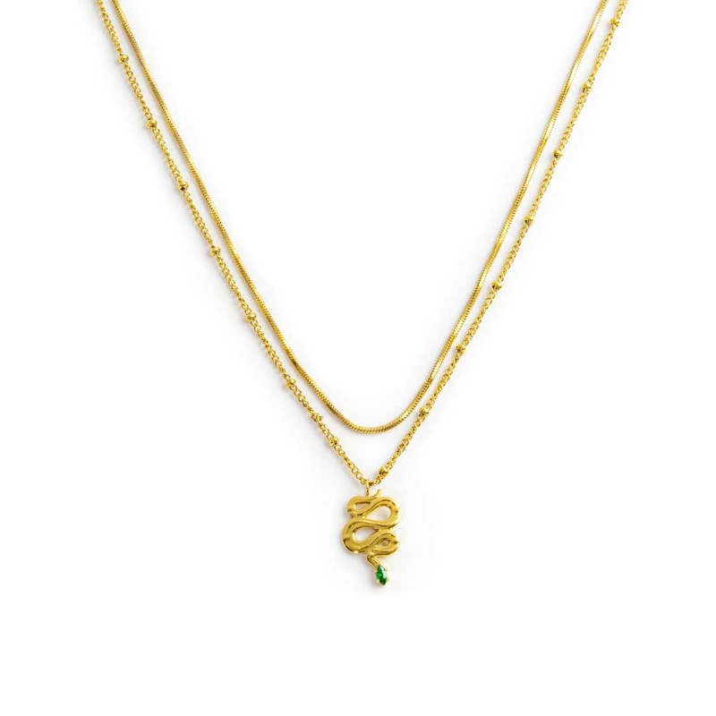 Collana doppia catena snake quadrata con serpente pendente - Gioielleria Fondente