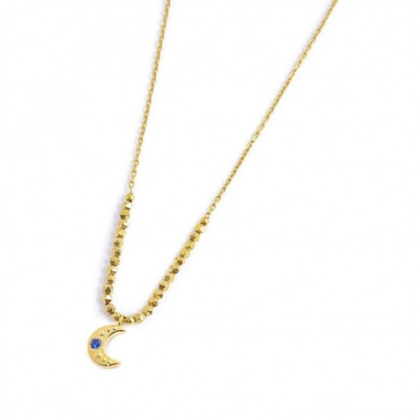 Collana Luna Pendente Con Zircone Blu Ed Ematite Sfaccettata - Gioielleria Fondente