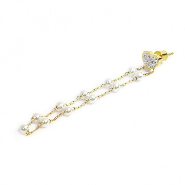 15OR015G-W ORECCHINO CATENA CON PERLE E CUORE CON CRISTALLI
