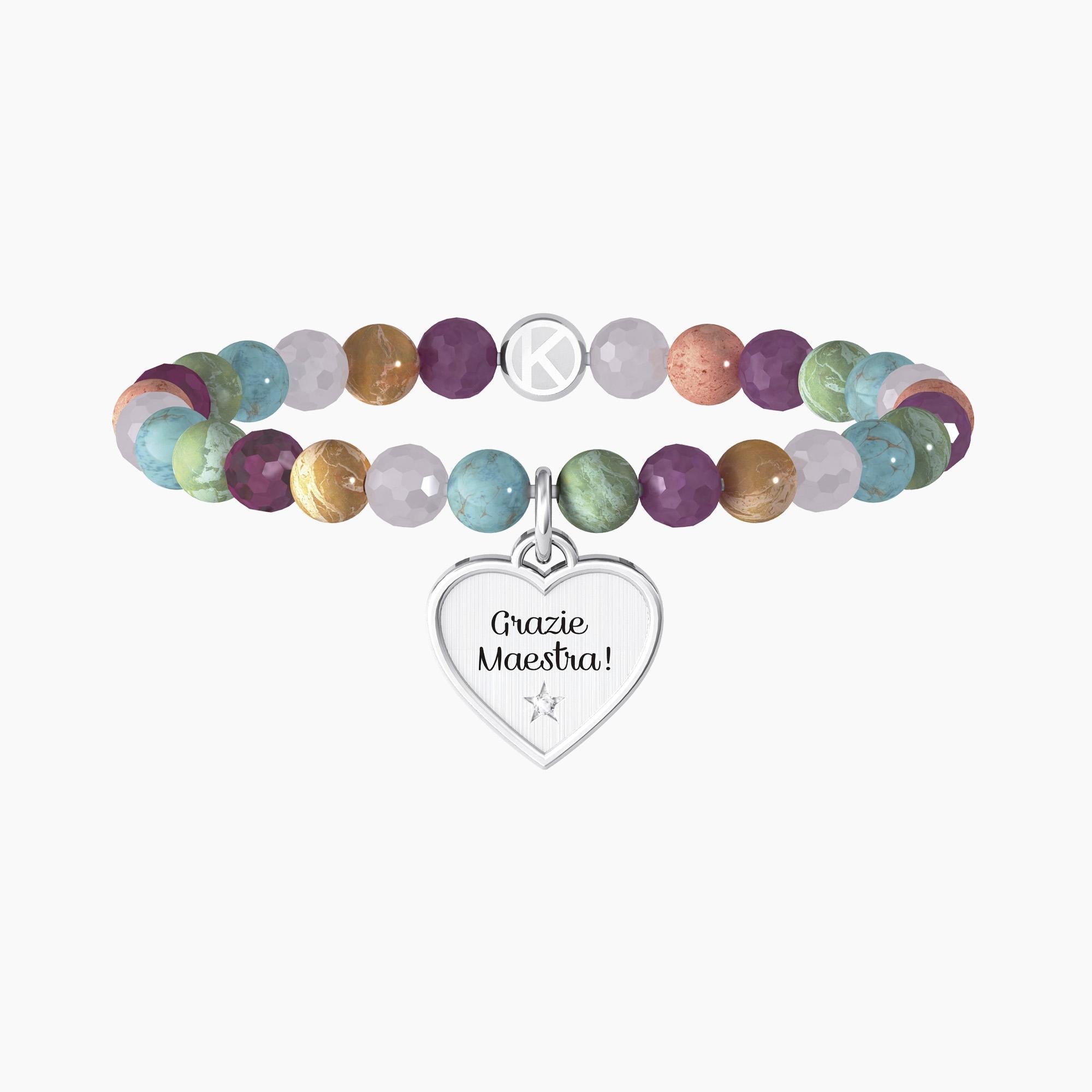 Bracciale elastico maestra con pietre colorate "CUORE | GRAZIE MAESTRA" - Gioielleria Fondente