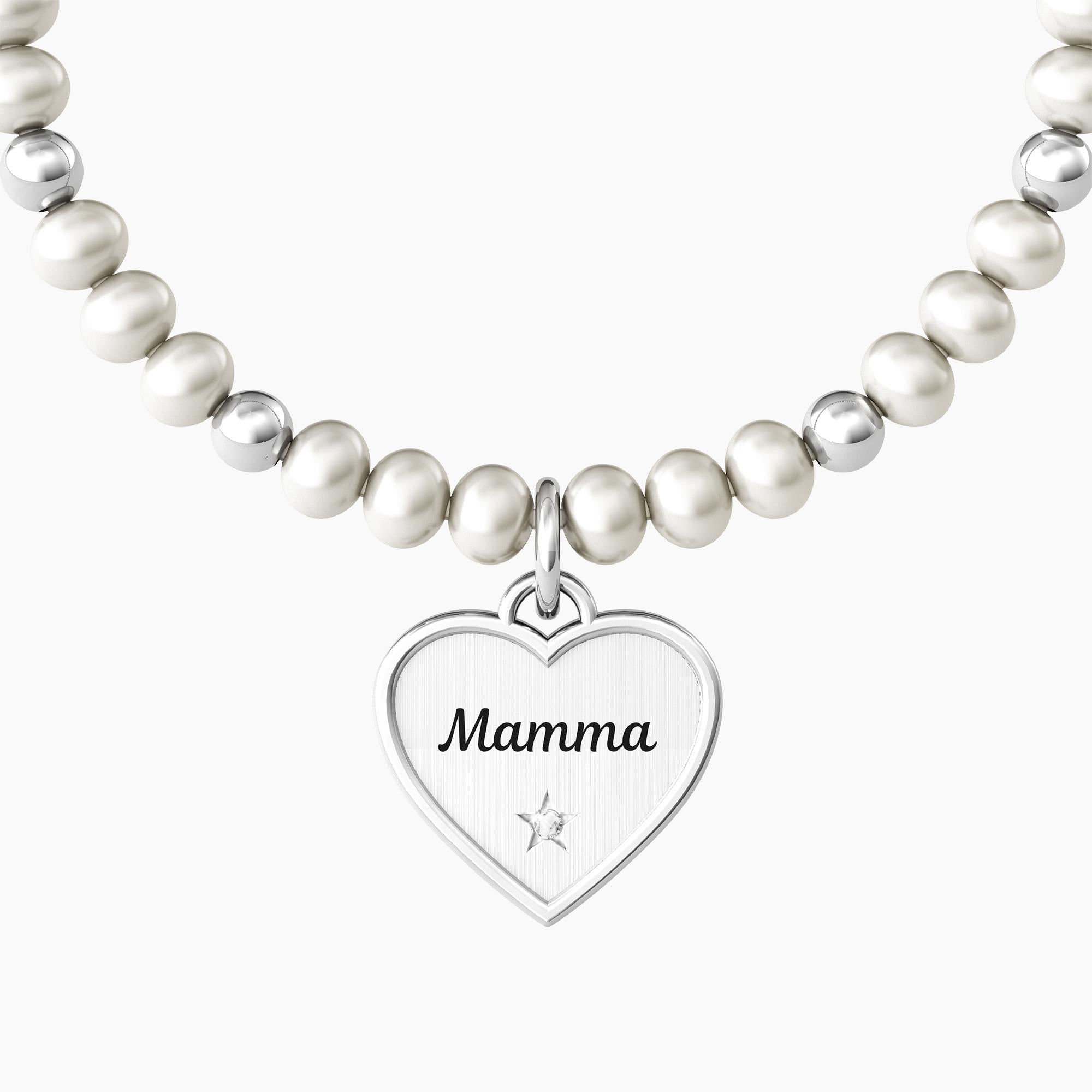 Bracciale elastico mamma con perle e ciondolo "MAMMA | FELICITÀ" - Gioielleria Fondente