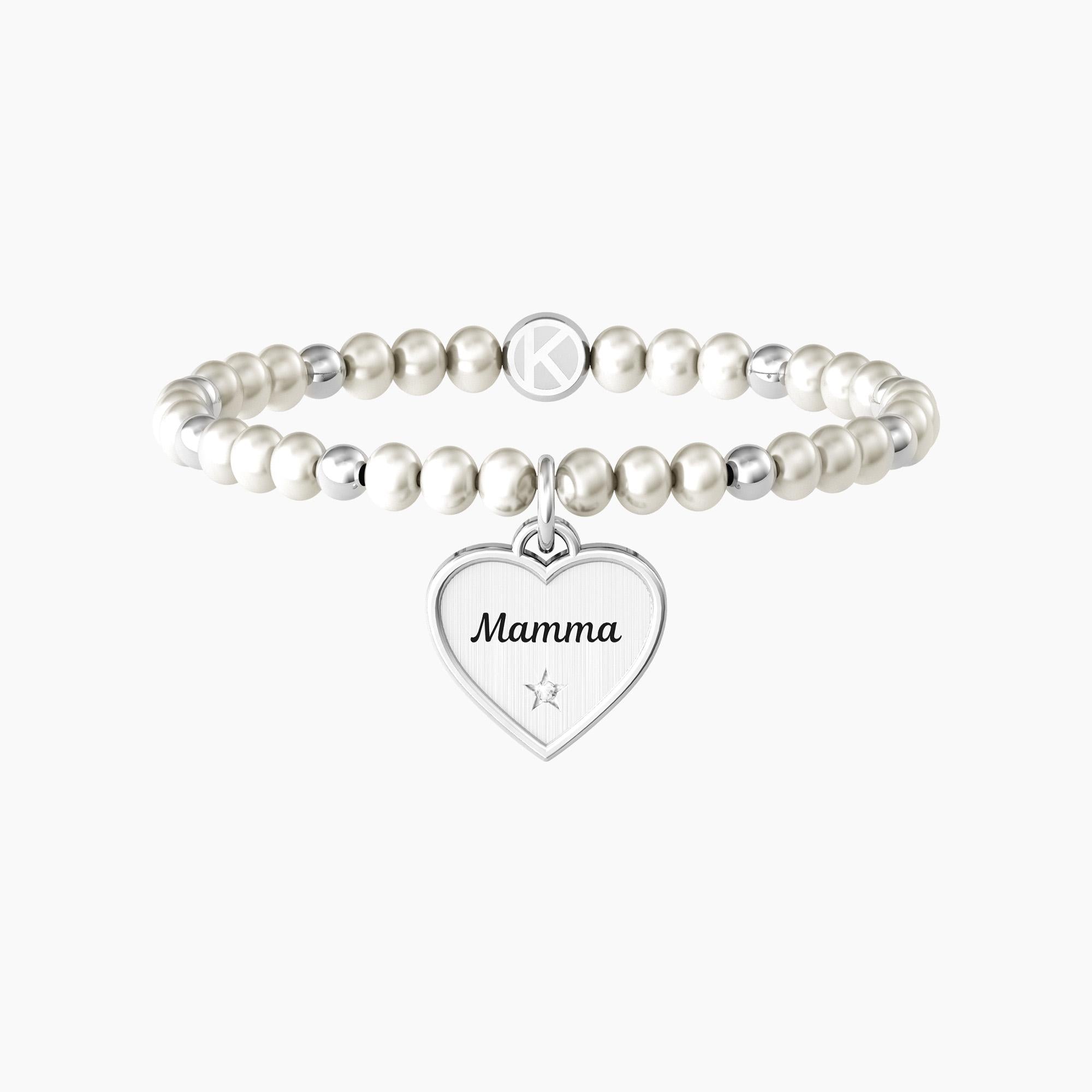 Bracciale elastico mamma con perle e ciondolo "MAMMA | FELICITÀ" - Gioielleria Fondente