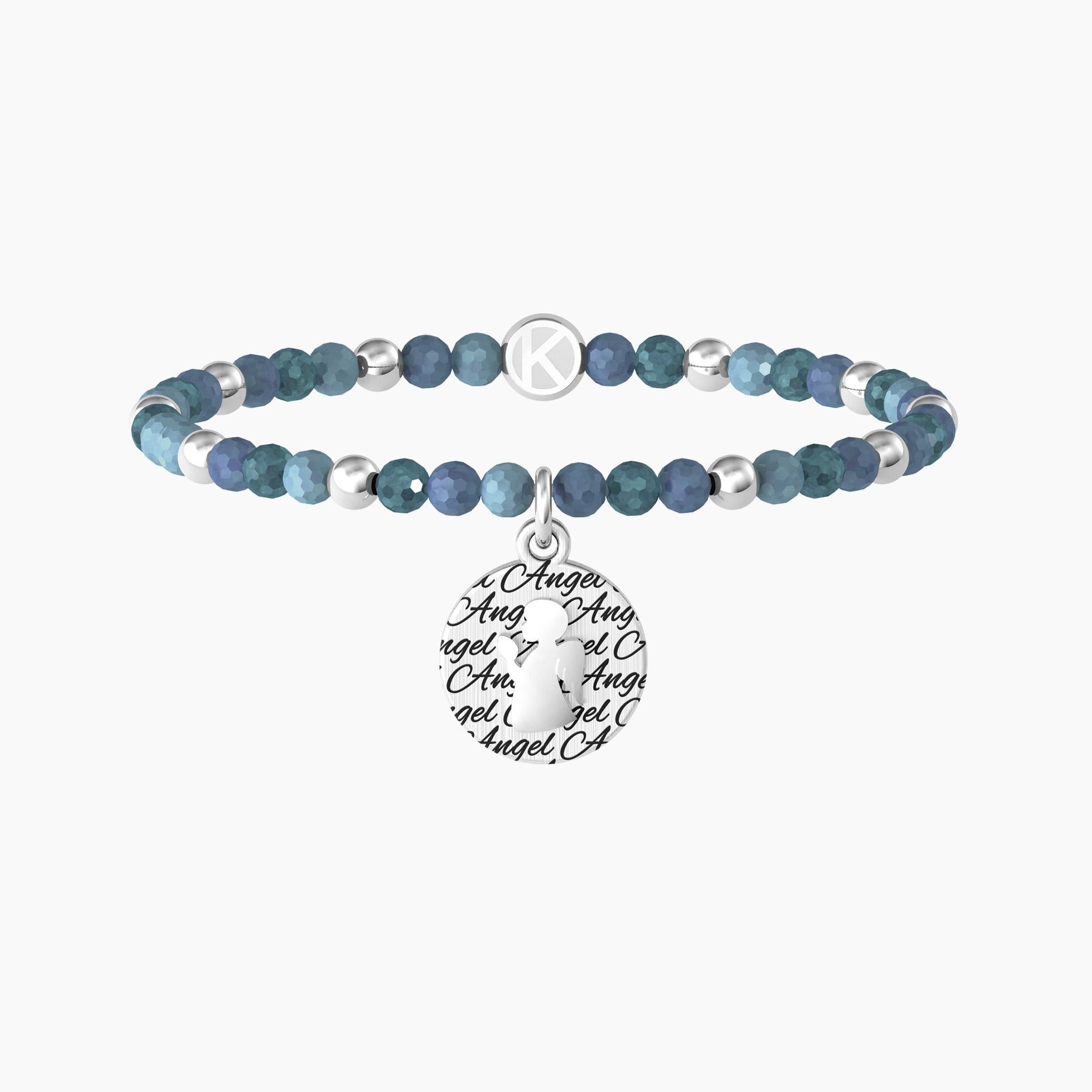 Bracciale elastico con agata azzurra e ciondolo "ANGELO | PROTEZIONE" - Gioielleria Fondente