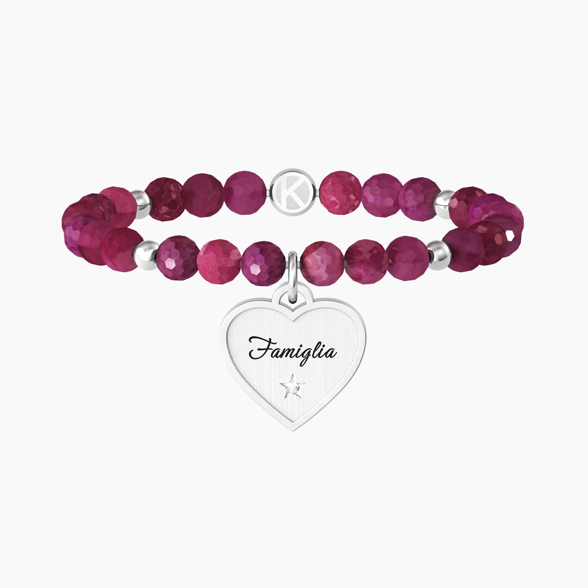 Bracciale con agata fucsia e ciondolo "FAMIGLIA" - Gioielleria Fondente