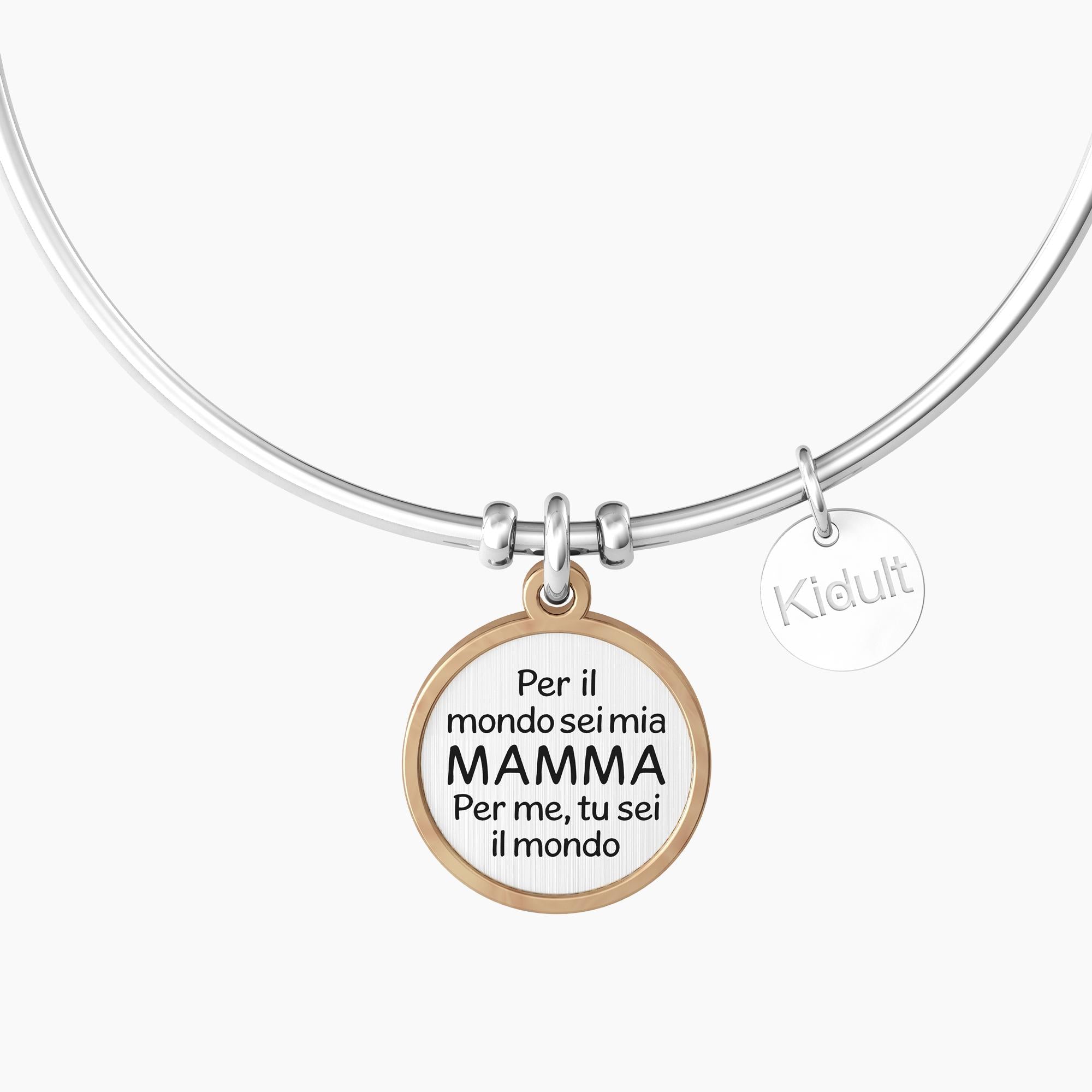 Bracciale rigido mamma con ciondolo cuore e frase "CUORE | MAMMA SEI IL MONDO" - Gioielleria Fondente