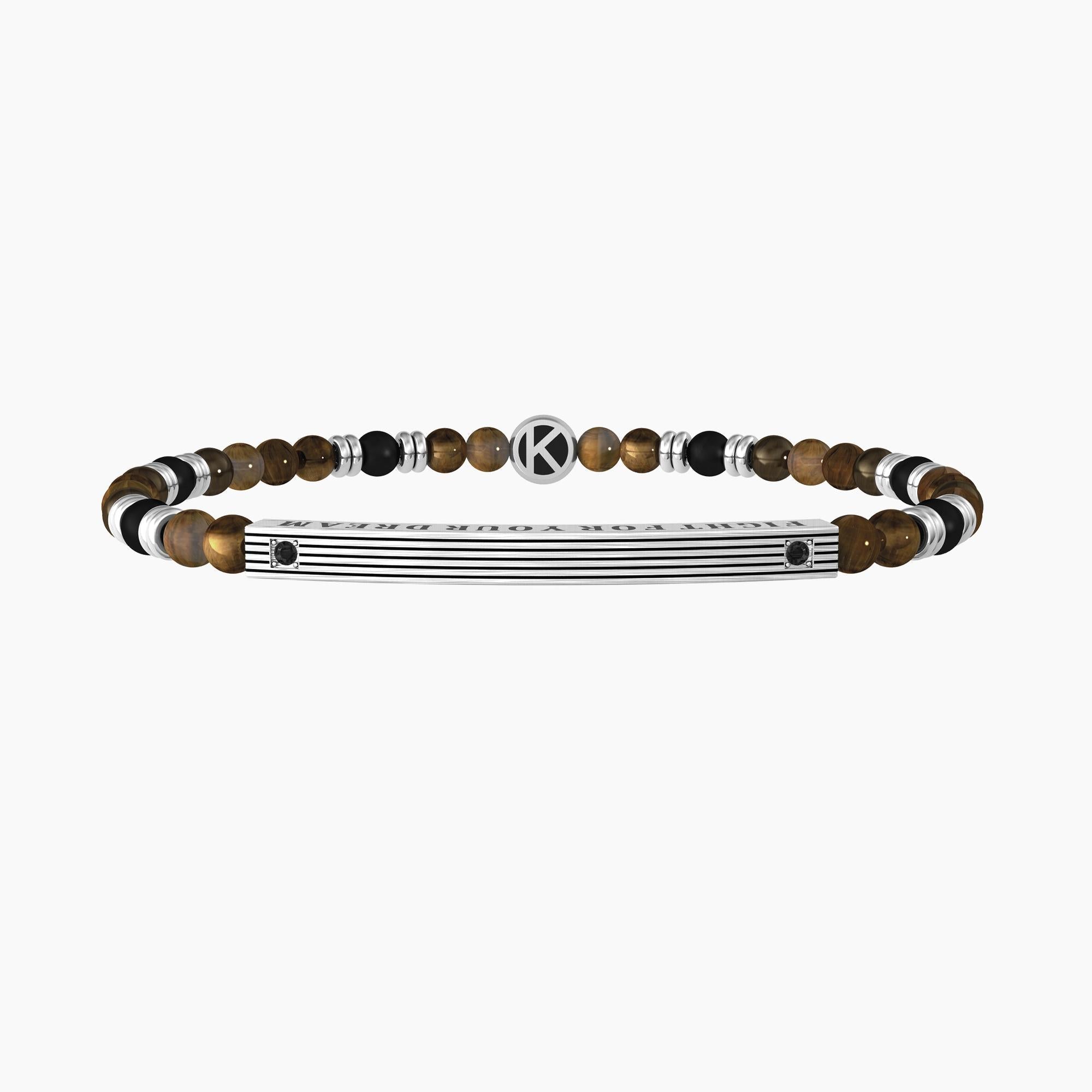 Bracciale con occhio di tigre, agata nera e piastra "FIGHT FOR YOUR DREAM" - Gioielleria Fondente