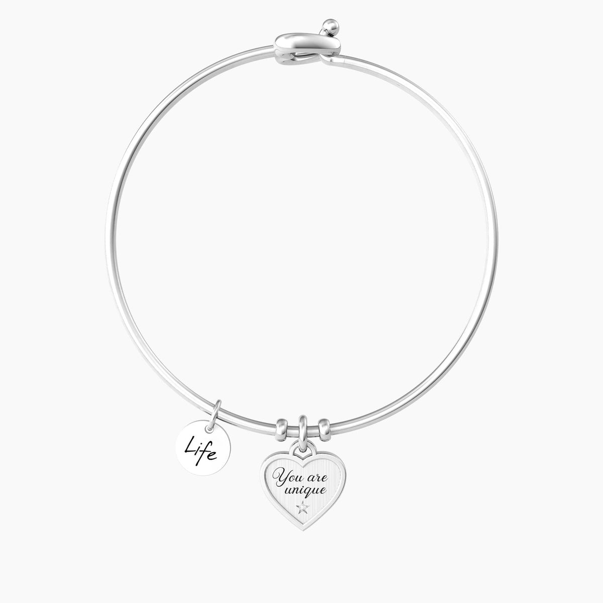 Bracciale rigido con ciondolo cuore e frase CUORE | YOU ARE UNIQUE - Gioielleria Fondente
