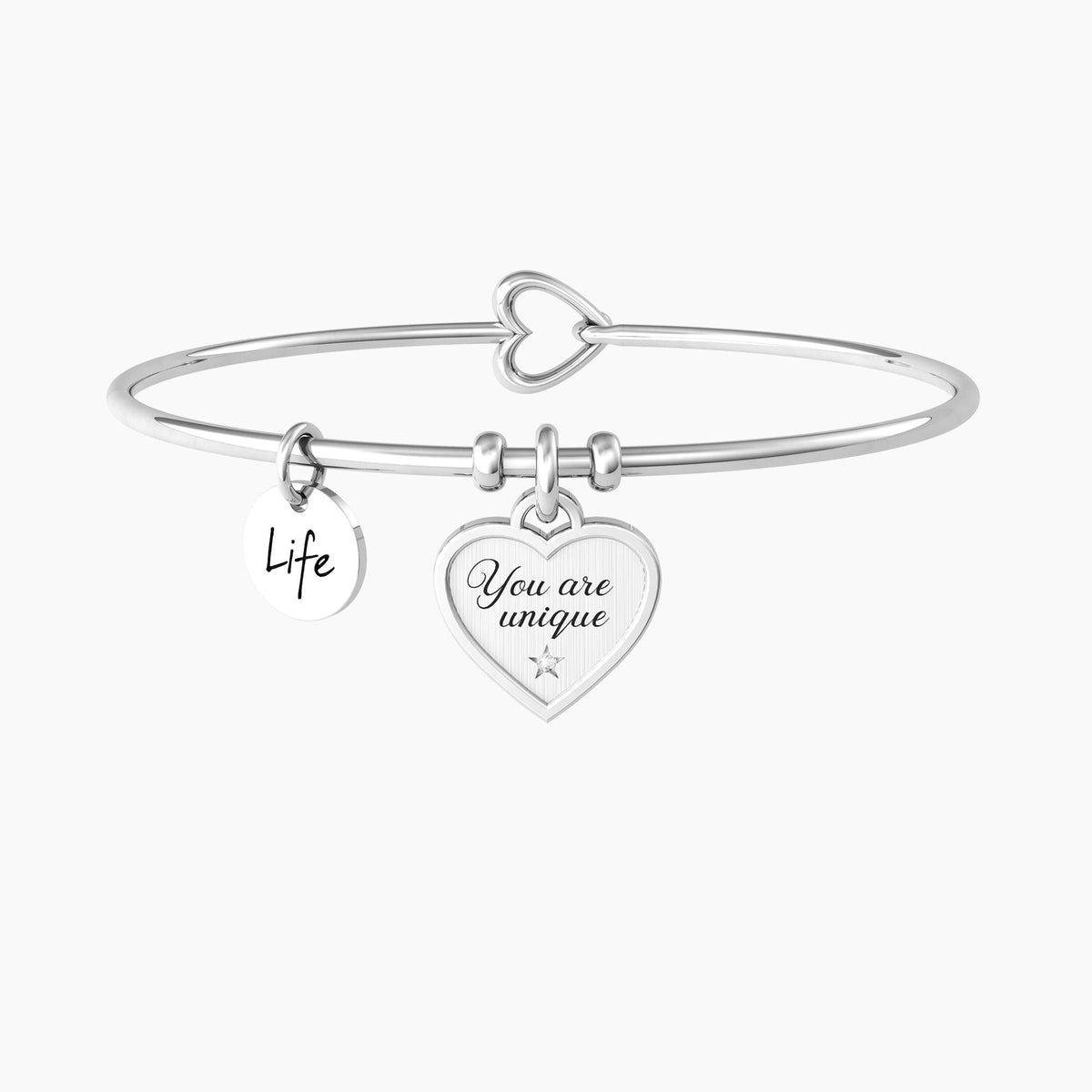 Bracciale rigido con ciondolo cuore e frase CUORE | YOU ARE UNIQUE - Gioielleria Fondente