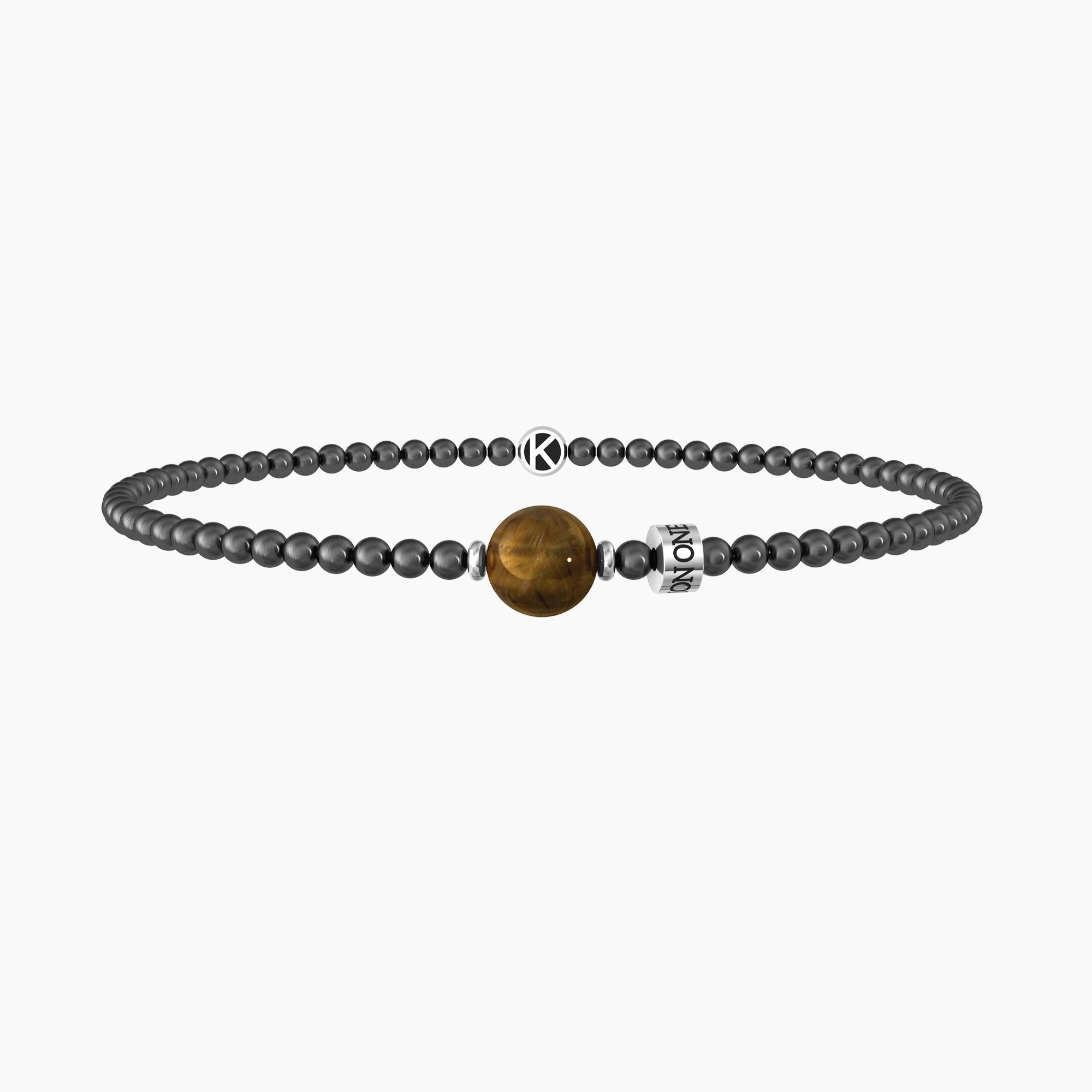 Bracciale elastico uomo con sfere in pvd gunmetal e occhio di tigre "One in a million" - Gioielleria Fondente
