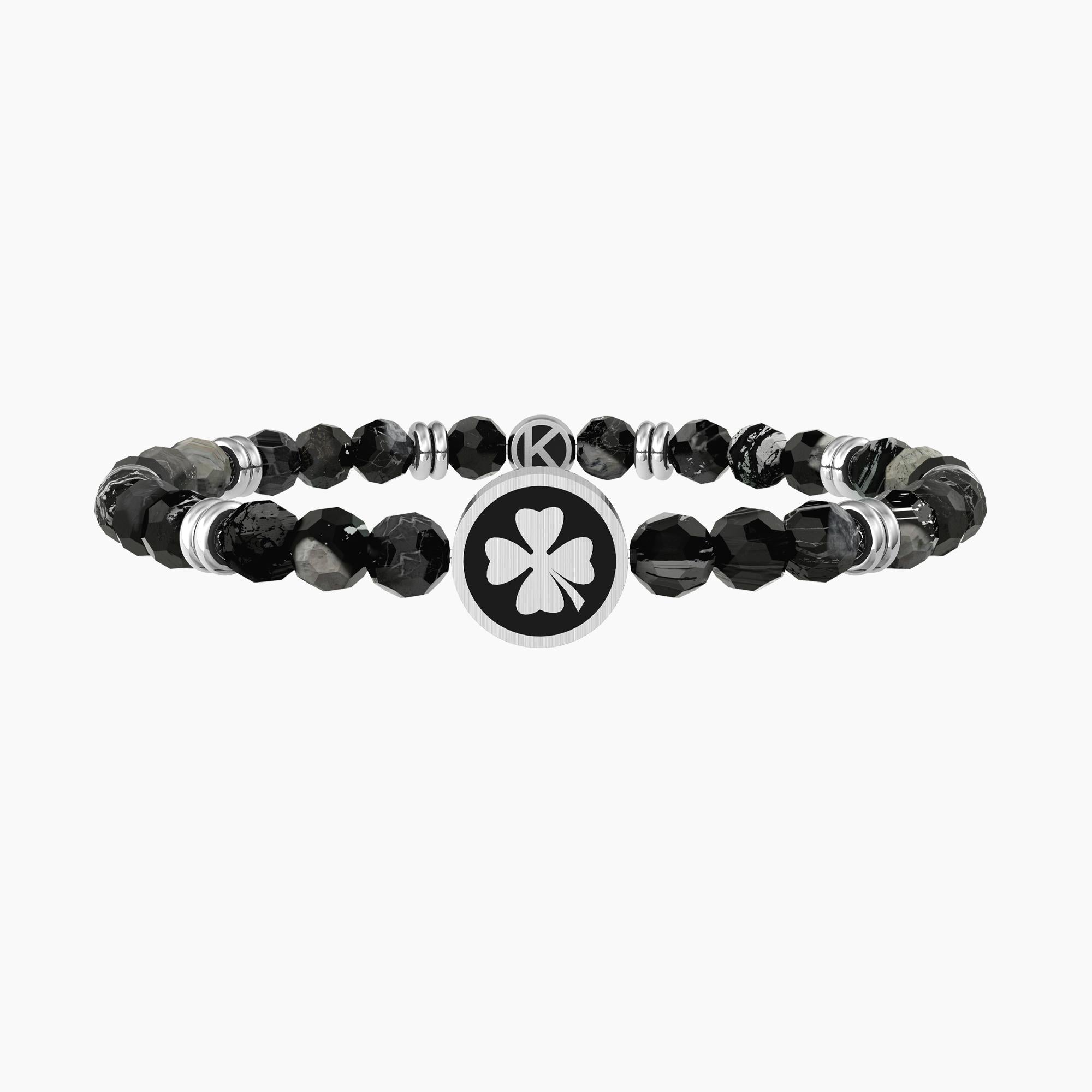 Bracciale elastico uomo con agata nera e quadrifoglio "Quadrifoglio | good luck" - Gioielleria Fondente