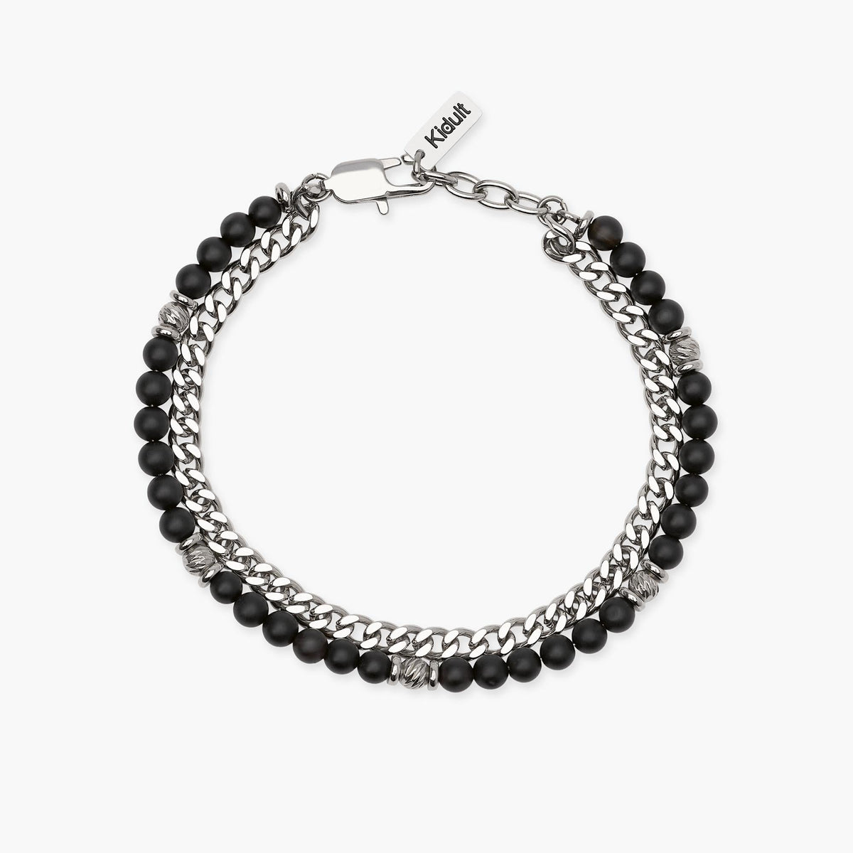 Bracciale uomo con catena groumette e catena con sfere diamantate e agata nera Style 37