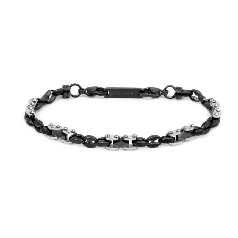Bracciale catena marine con elementi acciaio e ceramica sfaccettata nera lucida