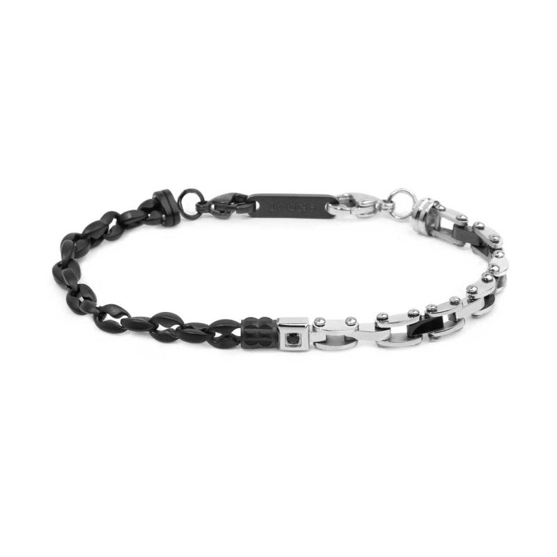 Bracciale catena marine e catena con elementi in acciaio e in ceramica sfaccettata nera lucida