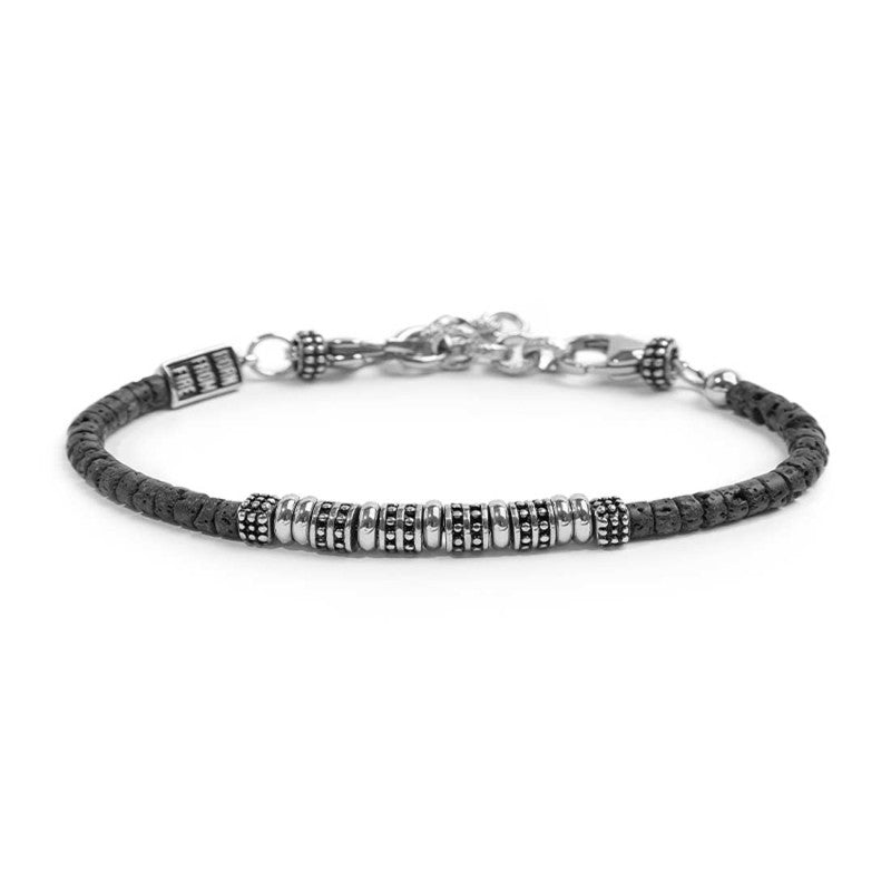 Bracciale con dischetti di pietra lavica e anellini in acciaio centrali