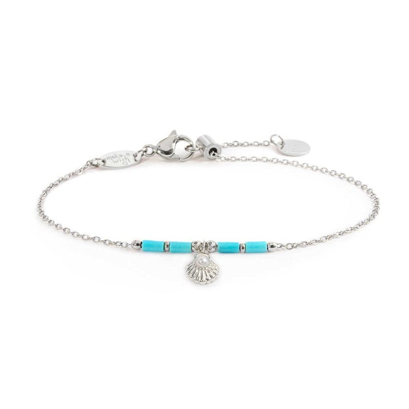 Bracciale conchiglia pendente con perla e perline a tubo turchesi