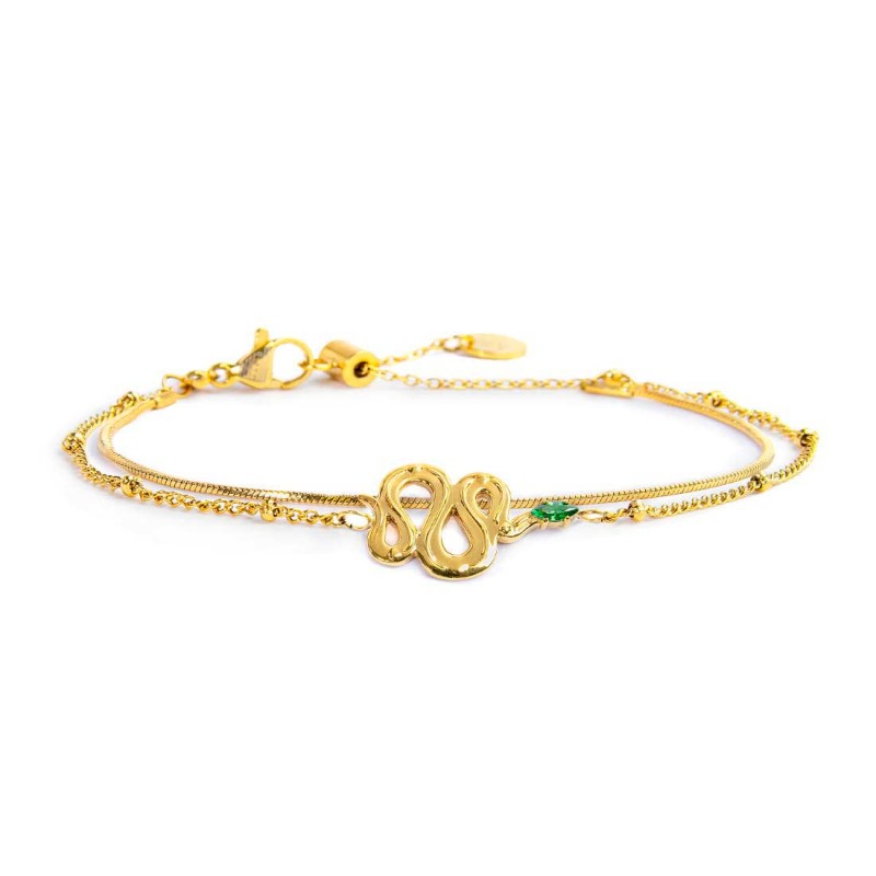 Bracciale doppia catena con serpente e zircone - Gioielleria Fondente