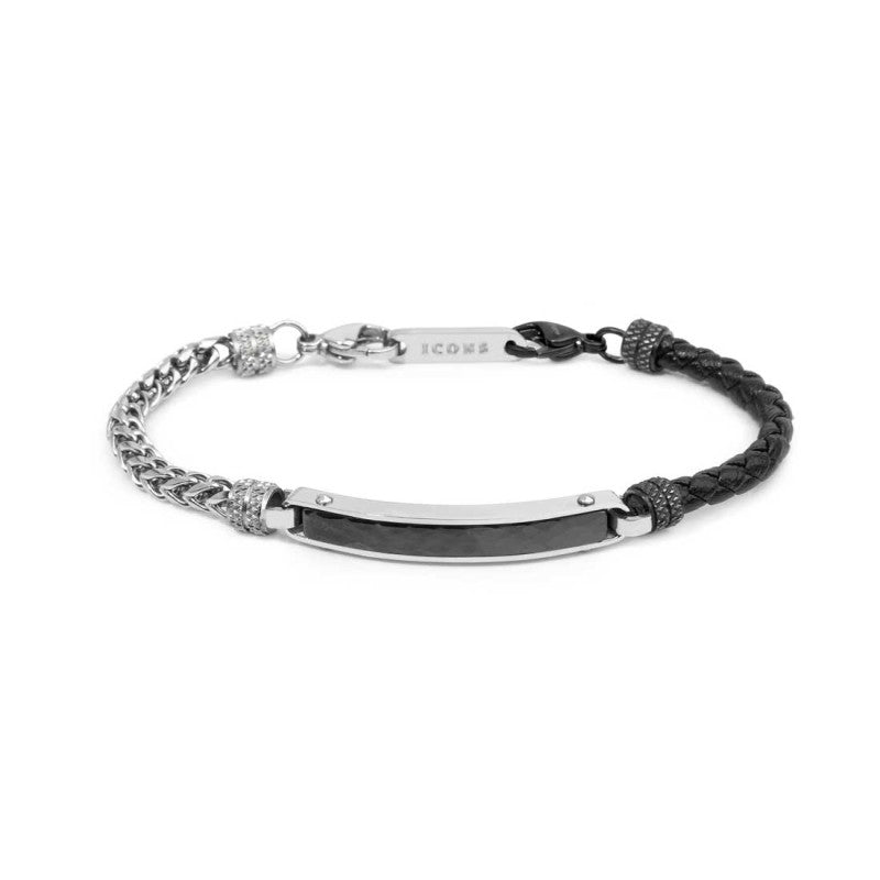 Bracciale pelle nera intrecciata e catena fishbone