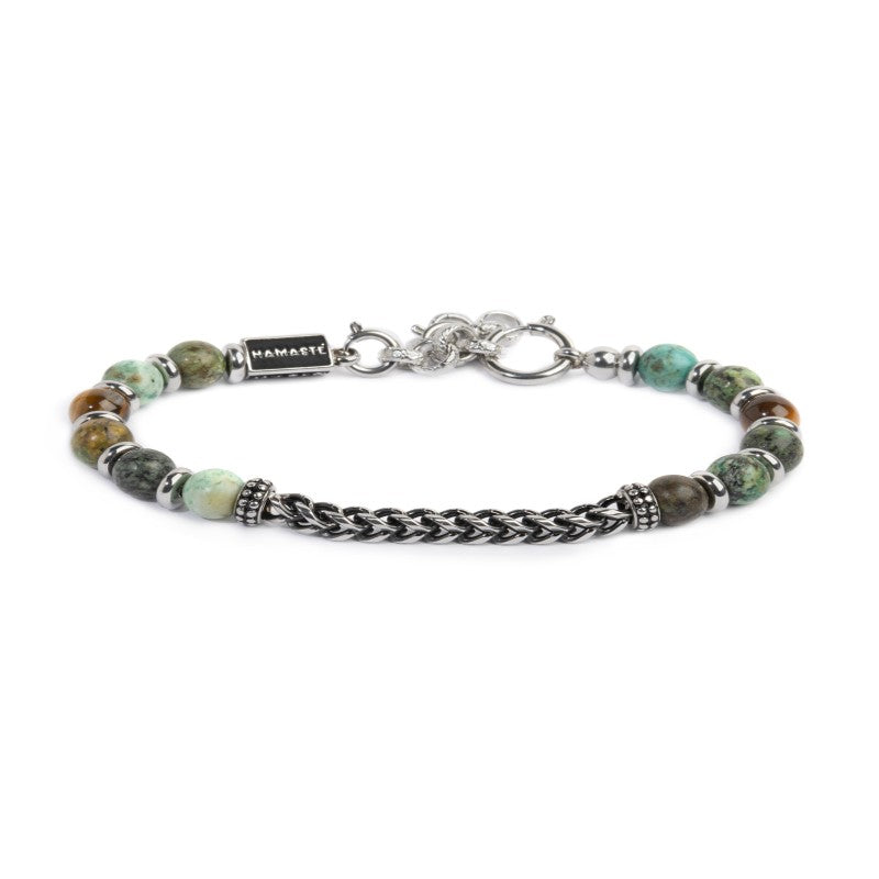 Bracciale sfere in pietra e dischetti acciaio con catena centrale