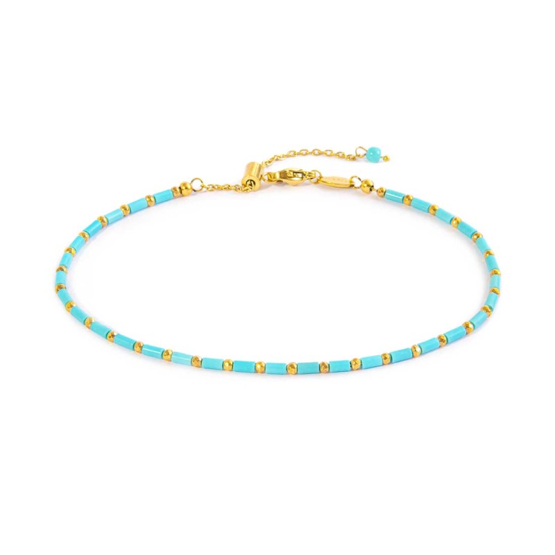 Cavigliera con perline a tubo turchesi ed ematite