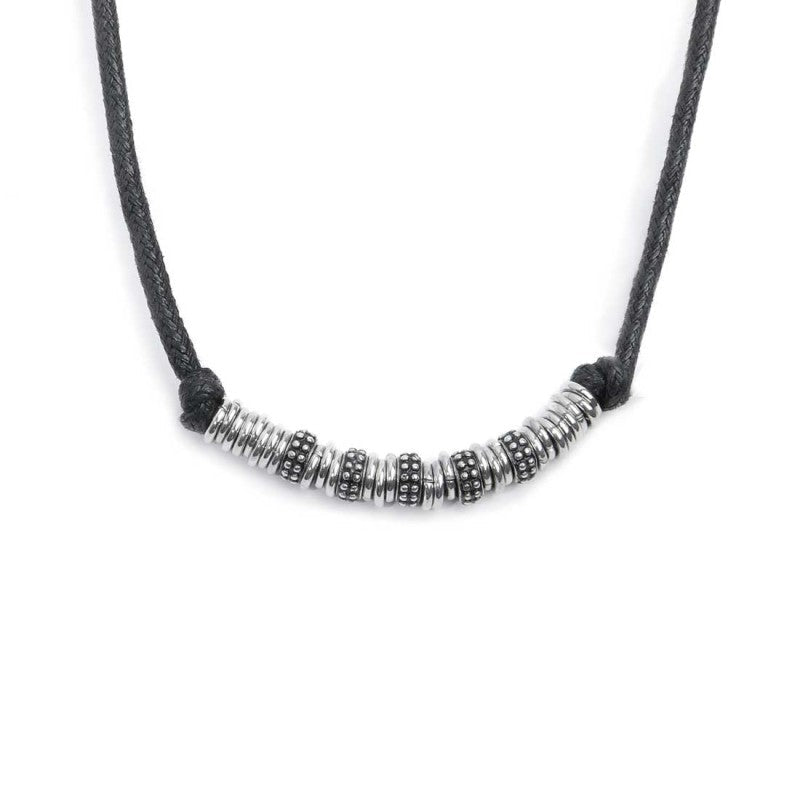 Collana cordino strobel elementi in acciaio con trama puntinata in black oil