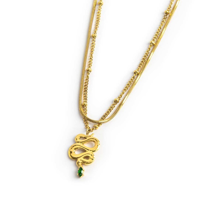 Collana doppia catena snake quadrata con serpente pendente - Gioielleria Fondente